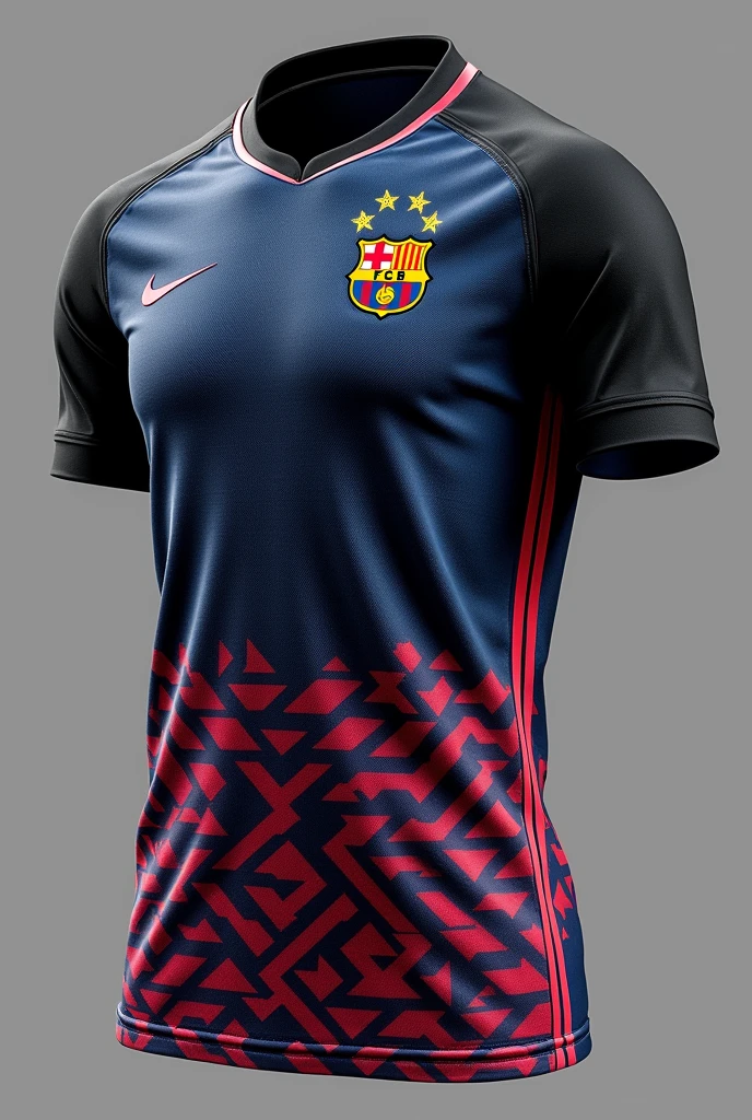 Make a black collared jersey with a blue and red malaysian pattern on the bottom + Barcelona soccer jersey + sut ironman.