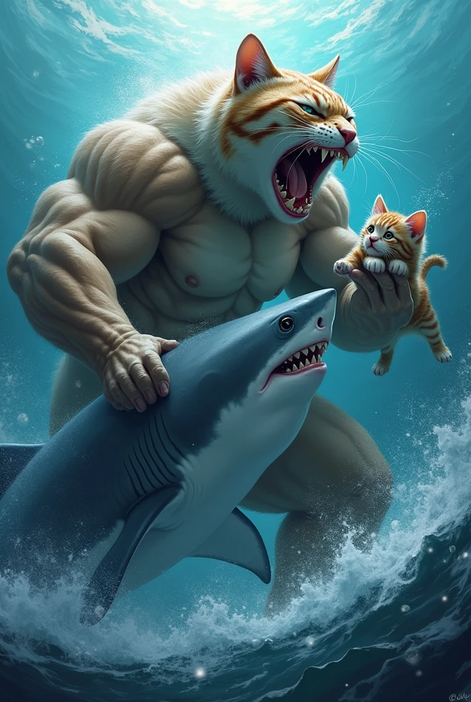 A huge bodybuilder  cat fighting with a shark  in the sea to save his kitten