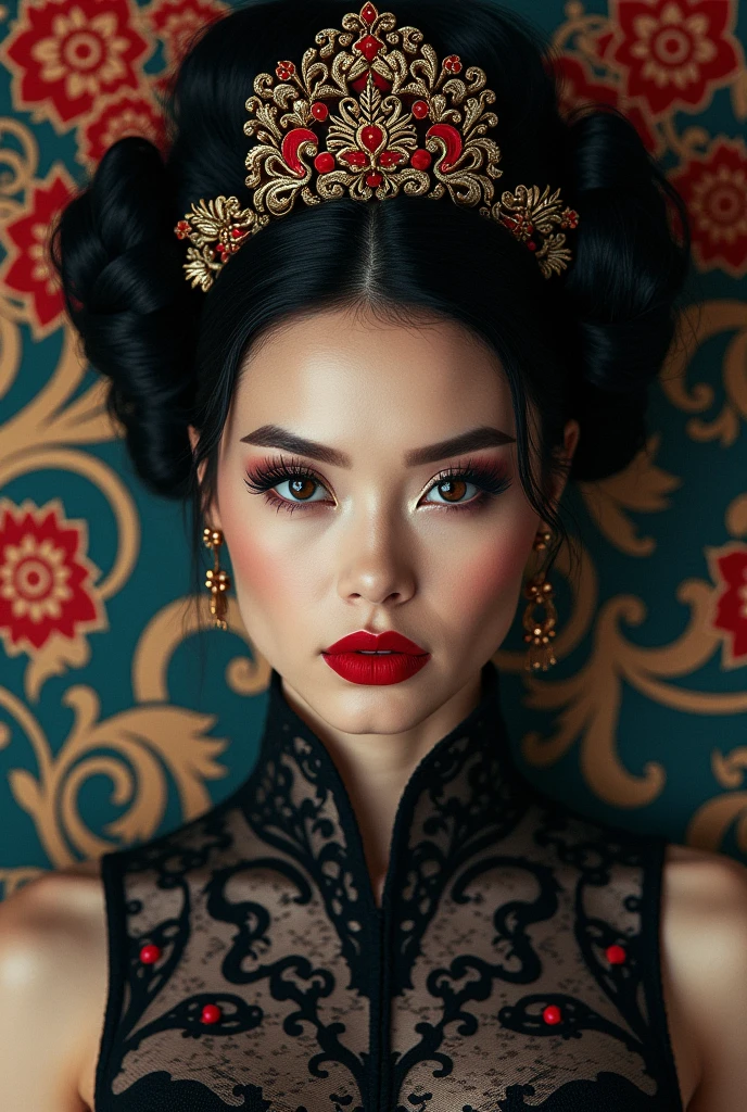 capturing a dark fantasy woman with a captivating close-up profile. Her dark red lips and long, thick eyelashes draw attention to her intense gaze. The contrast between her smooth skin and the enveloping darkness creates an intense, cinematic atmosphere. The woman's captivating hairstyle is intricately detailed, adorned with ornate patterns that seamlessly merge into the surrounding vibrant background. A symphony of lively floral motifs, swirling patterns, and geometric shapes in red, blue, and beige tones fill the space, creating a visually rich and immersive experience. The serene, downward-gazing face of the woman serves as a focal point, guiding the viewer's attention, while the composition as a whole showcases exceptional artistic skill and sophistication.