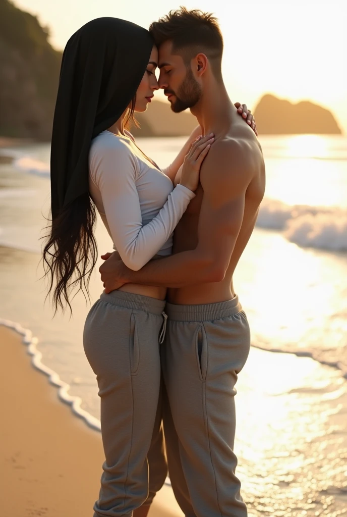 with black headscarf, white long sleeve t shirt, barefoot, grey sweatpants, skinny sexy woman kissing her boyfriend on the beach. 