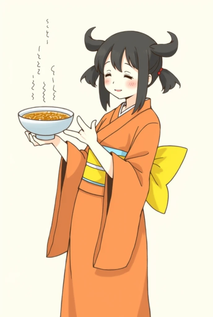 A simple drawing without many features of a closed-eyed Chinita with Two Pucca-like Tails and an Orange Kimono and Yellow Sashes with an Instant Noodle Soup in her left hand and her other hand as if she were presenting something, that has no realism at all, no details of shine, a drawing model like Pucca and Garu