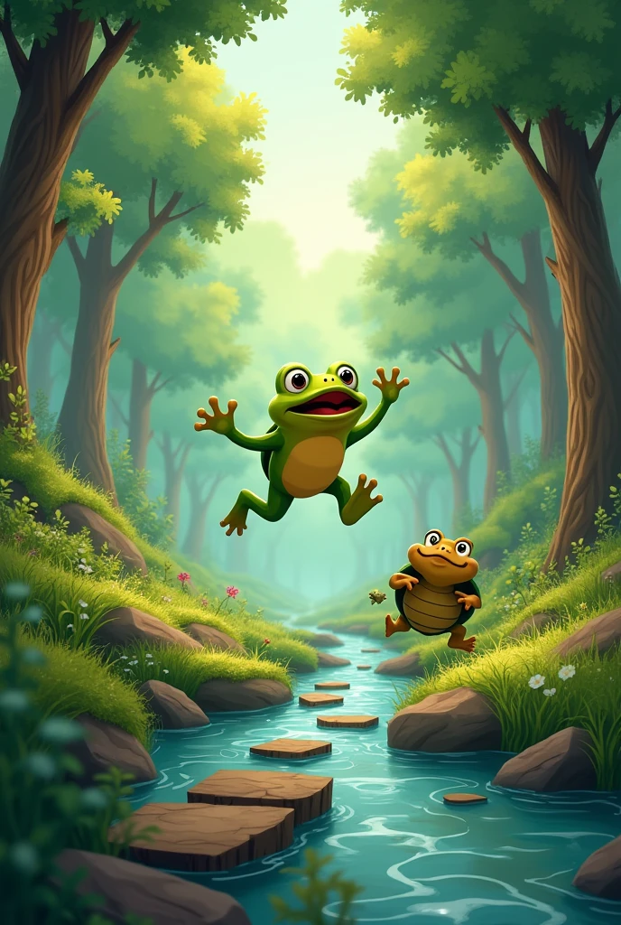 Encounter in the Forest: Draw Timothy the frog and Clara the turtle in the forest, with the toad looking enthusiastic and the turtle displaying a calm smile.
Start of the race: Shows Timothy and Clara at the starting line, ready to start the race, with Timoteo jumping with energy and Clara moving at her own pace.
The river: Illustrates Timothy trying to cross the river by jumping from stone to stone, Clara now using the floating log to cross the water.
Arrival at the goal: Draw Clara crossing the finish line calmly and Timothy arriving soaked but smiling., with both showing an expression of friendship and respect.