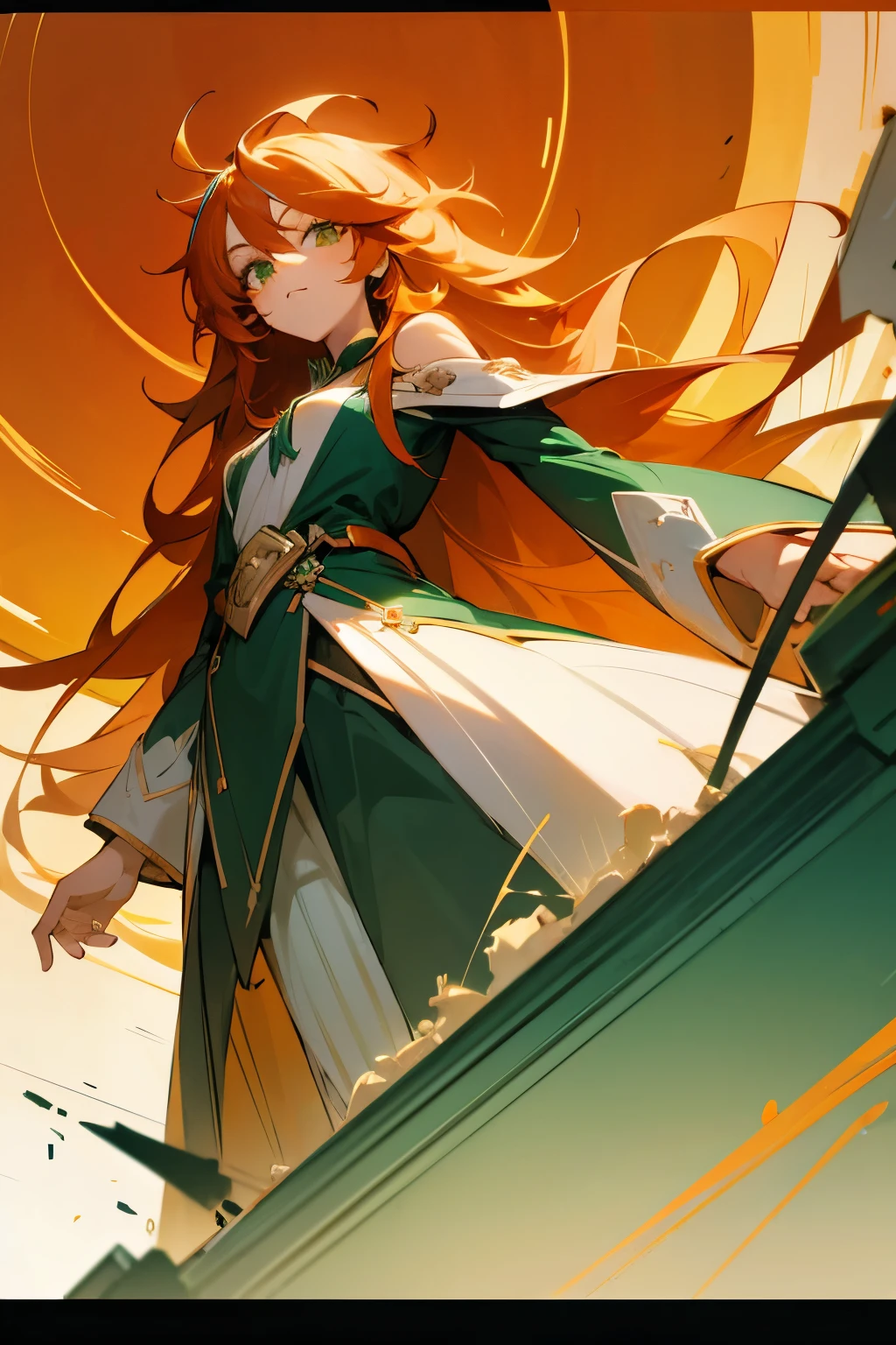 1girl, Long Hair, Streaked Hair, Messy Hair, Hair Over Shoulder, orange hair, green eyes,From Below, Anime Style, Art Deco,