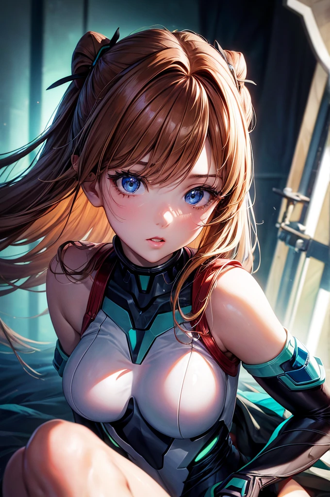 (highest quality, High resolution:1.2), 1 girl, detailed and beautiful eyes,EVA Asuka、Soryu Asuka Langley、dense and beautiful lips, highly detailed eyes and face, long eyelashes, Moderate:oil, Bright colors, HDR, studio lighting, Ultra-fine painting, sharp focus, Physically based rendering, extreme details, portrait, curved body, , perfect shape, Face-to-face audience, sweaty, nice, Half-body photo, displayed in full frame、plug suit