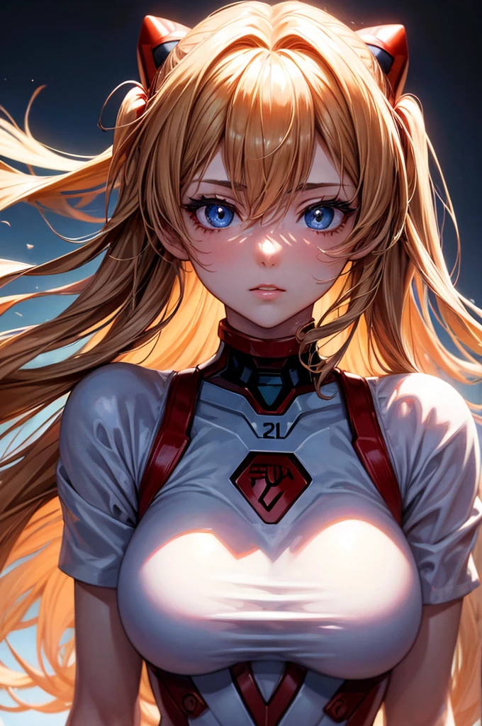 (highest quality, High resolution:1.2), 1 girl, detailed and beautiful eyes,EVA Asuka、Soryu Asuka Langley、dense and beautiful lips, highly detailed eyes and face, long eyelashes, Moderate:oil, Bright colors, HDR, studio lighting, Ultra-fine painting, sharp focus, Physically based rendering, extreme details, portrait, curved body, , perfect shape, Face-to-face audience, sweaty, nice, Half-body photo, displayed in full frame、plug suit