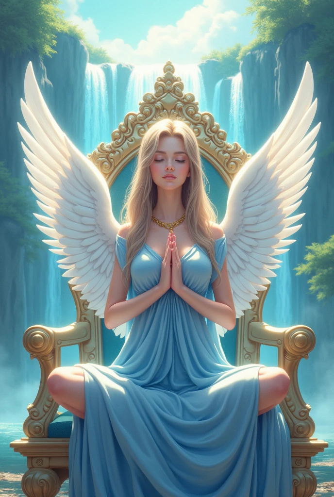  Anime cute adult  Angel with blue dress sitting on the beautiful throne  and doing namaskar 