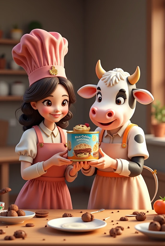 I&THE SWEET TEMPTATION, TWO SISTERS CREATE A DESSERT CALLED RICE CUISINE, AND A HAPPY COW COMES OUT HOLDING A CAN OF RICE CUISINE, WITH CHOCOLATE, GOURMENT STYLE COOKIE