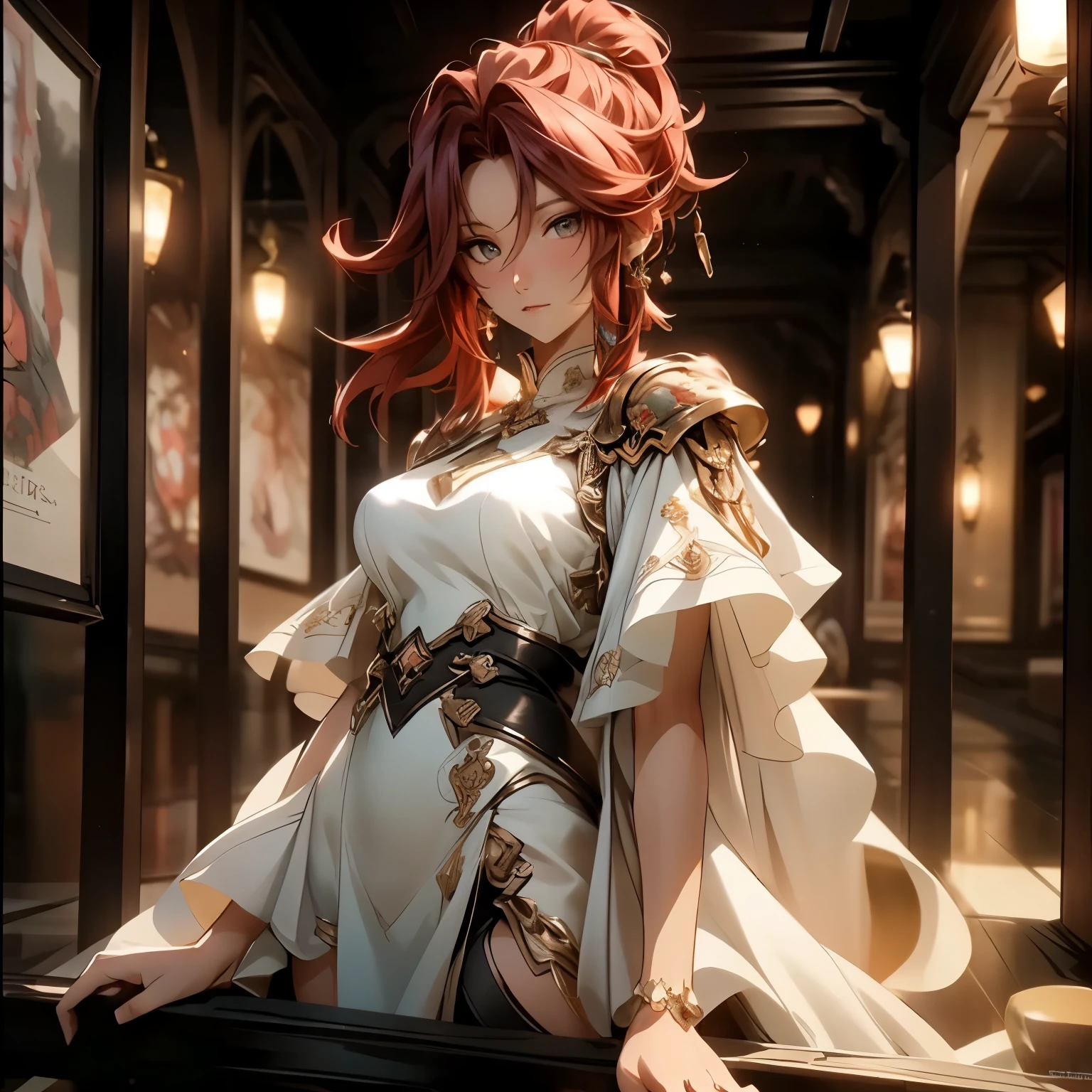 (best quality)), ((Masterpiece)), (details:1.4), 3d, HDR (high dynamic range), an image of a beautiful cyberpunk female, medieval, Red hair, High ponytail, Full body, Beautiful white eyes, จมูกโด่ง, ปากแดง, หน้าอกใหญ่, nvidia RTX, PBR surface, After processing, Anisotropic filtration,depth of field, Maximum clarity and clarity, multi-layered surface, Subsurface scattering, perfect proportions, 8K raw files, ultra detailed, Perfect proportions, volumetric lighting, soft lighting, Holy Paldin, Heavy Golden Armor, White dress, glossy skin, intricate Silver embroidery, Castle background, jewely, ต่างหู, นิ้วมือสมบูรณ์, mini Black skirt,