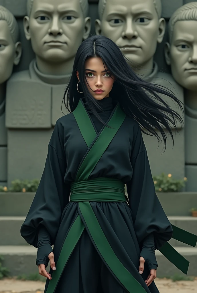 would be standing, with a firm and serious look, the black hair flowing. With a posture of readiness, your green eyes would convey confidence. Wearing his dark ninja outfit with green accents, she would pose in front of the faces of the Hokages in the Hidden Leaf Village, reflecting their strength and connection to their village.