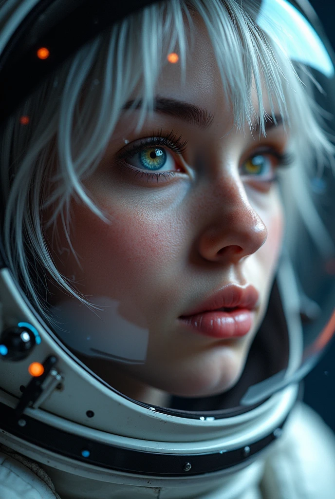 (Close-up of a better masterpiece:1.5)0.9], (Space and astronauts:1.2) (Messy silver hair:1.1) (Heterochromia xanthochromia and blue eyes:1.2) (Space Helmet:1.0) (Colored stars in the eyes:1.0) (A radiant glow:1.1) (thick lips:0.9) nude.
