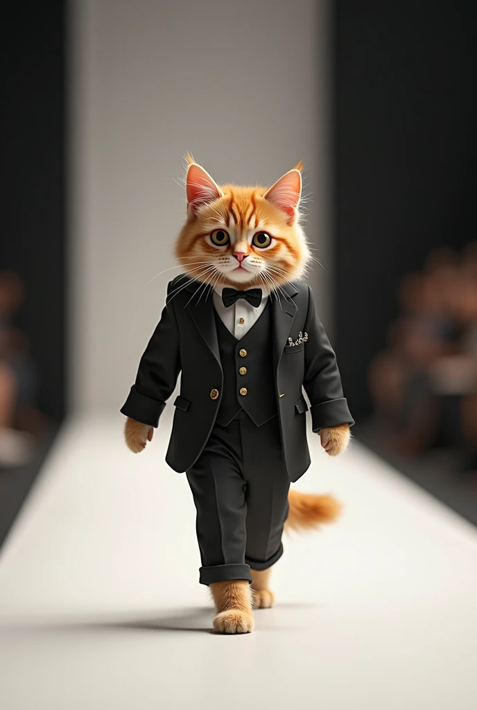 (photorealism:1.2), cute cat wearing suit walking on the runway 