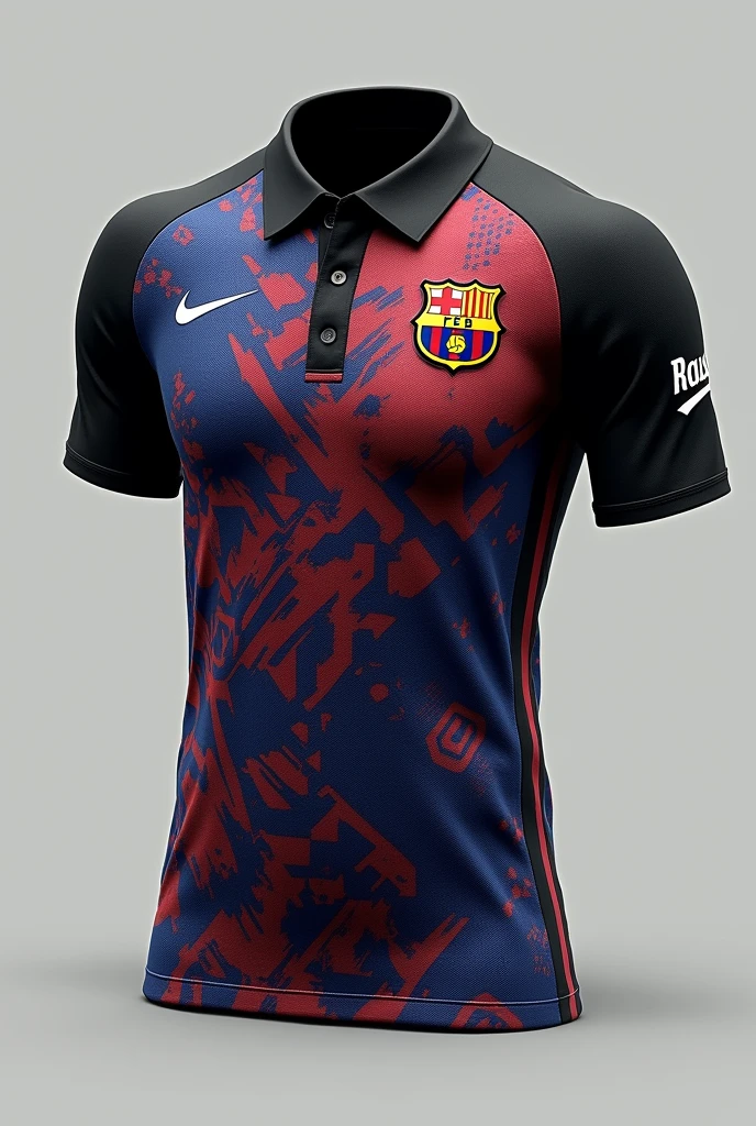 Make a black collared jersey with a blue and red malaysian pattern on the bottom + Barcelona soccer jersey + sut ironman.