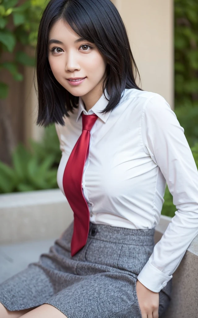 girl, Hyper Realistic, masterpiece, smile, portrait, bobhair, light gray pencil skirt suit, white shirt, red necktie, pantyhose