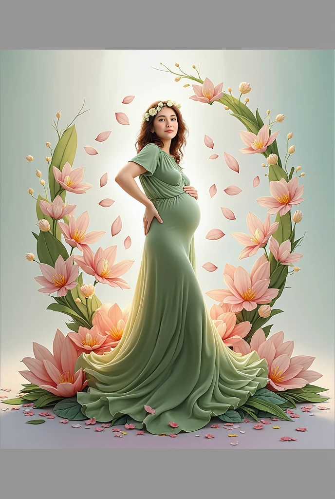 pregnant woman in green dress standing in front of a floral wreath, digital art inspired by Anne Geddes, pixabay contest winner, fantasy art, flower goddess, persephone in spring, lady with glowing flowers dress, woman in flowers, maternal photography 4 k, goddess of spring, draped in fleshy green and pink, floral art novuea dress, goddess of nature