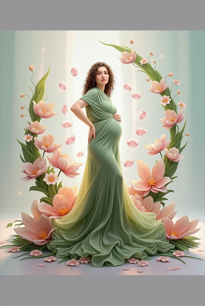 pregnant woman in green dress standing in front of a floral wreath, digital art inspired by Anne Geddes, pixabay contest winner, fantasy art, flower goddess, persephone in spring, lady with glowing flowers dress, woman in flowers, maternal photography 4 k, goddess of spring, draped in fleshy green and pink, floral art novuea dress, goddess of nature