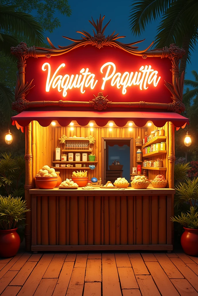 Stand for a fair with the name VAQUITA PAQUITA on the wall.
Let there be 3 bamboo walls, the recycled wood floor and good lighting.