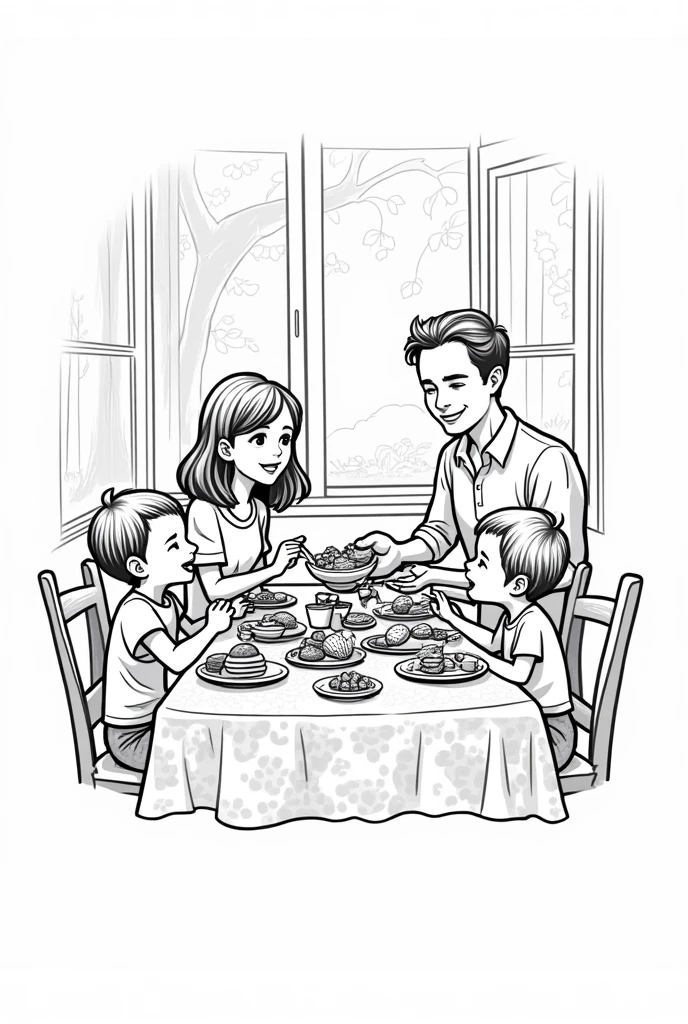 A breakfast table with a colorful tablecloth. at the table, parents and children are sitting together. Dad serves pancakes, while the mother offers fruits. The children are excited and picking food from the plates. Ao fundo, there is a window showing a sunny garden. Black and white drawing with no color fill, just black lines and no shading