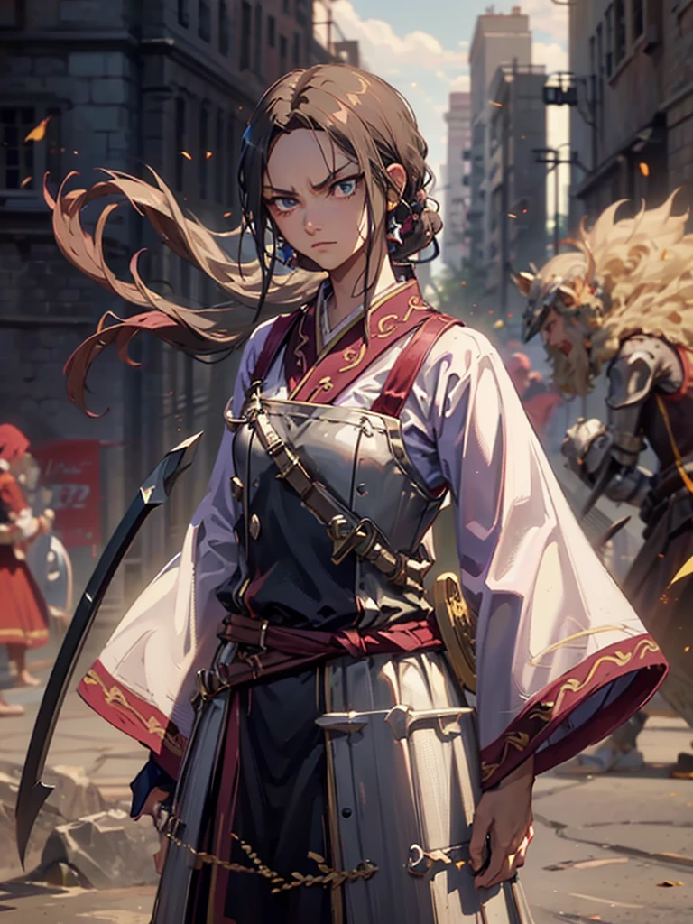 8k, Highly Detailed, Masterpiece, source_anime, best quality, beautifully detailed eyes and beautifully detailed hair, 1girl, solo, a character with fair skin, large expressive eyes, and dark brown hair styled in a neat  tied back, straight manner, sharp facial features face,  They are dressed in traditional warrior attire, consisting of a white robe with purple and gold accents, and silver armor plating on the chest and forearms. The character also wears a dark blue belt and has two swords sheathed at their sides. The overall design is detailed and emphasizes a historical or fantasy warrior theme. The background consists of a stone wall, adding a rustic and historical feel to the scene. The character's facial expression is serious and focused, suggesting determination or concentration, 