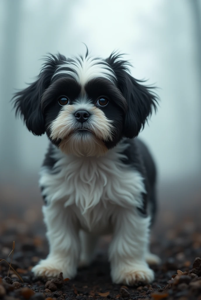 full body image, (very detailed,Ultra high resolution,Detailed background),((2 days)),((smooth color)),((Dum color)), 1solo out of the fog:1.5, looking at the audience,Black and white striped shih tzu