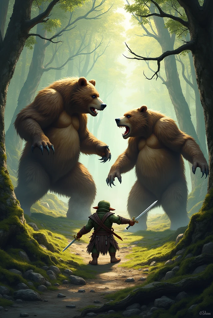 One bear teaming up with a goblin rogue with two short swords to fight a second bear