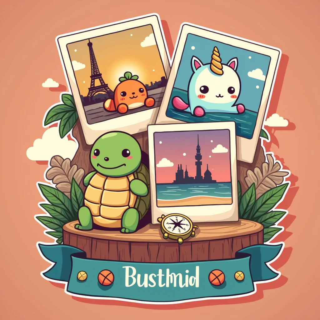 "Create a very simple flat vector painting style illustration, with good layout and design features. A imagem deve ser ((glad)), with good contrast, fine and delicate strokes, cute and fun, intended for the public . The illustration features three polaroid-style photos, each showing a Squishmallows in different situations during a trip. Squishmallows look like teddy bears: in the first photo, um Squishmallows raposa laranja glad tirando uma foto em frente a um famoso ponto turístico; In the second photo, a blue unicorn Squishmallows with big round eyes carrying a suitcase at an airport; and in the third photo, um Squishmallows tartaruga glad usando óculos de sol enquanto relaxa em uma praia tropical. The photos are random, portraying different places and travel situations. The art, Em geral, presents a distribution that resembles shirt prints, avoiding a rectangular shape. Below this scene, there is text that says &#39;Bon Voyage&#39; in a stylized font that suggests a vibe of adventure and exploration. The font color transitions from pink at the top to yellow at the bottom, imitating a sunset. This image evokes nostalgia for travel and adventure, symbolizing freedom and leisure." add icons like map, plane , compass. and leave the background white