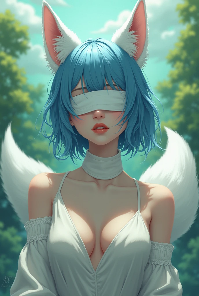 1girl, wlop, (blindfold), breasts, cleavage, cleavage cutout, dress cutout, green background, hair between eyes, headband, high resolution, juliet sleeves, long sleeves, nier (series), nier automata, fluffy sleeves, red lips, shadow face, short hair, solo, turtleneck sweater, upper body, l blue hair, sky, white fox ears, white fox tail, nine-tailed fox,