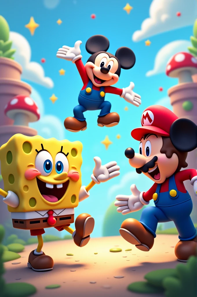 Bob esponja, Mario bros y Mickey mouse felices