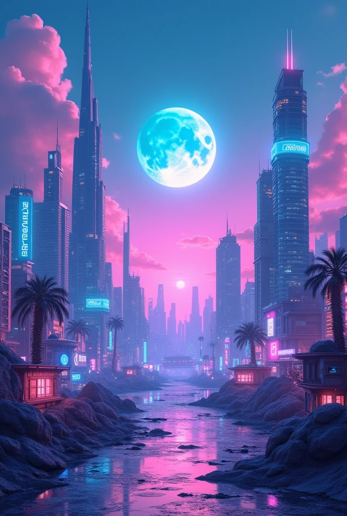 4k postapocaliptic retro city in a lot of neon light blue colours and a bit light pink colours, without dark shades and people, simple moon in the sky