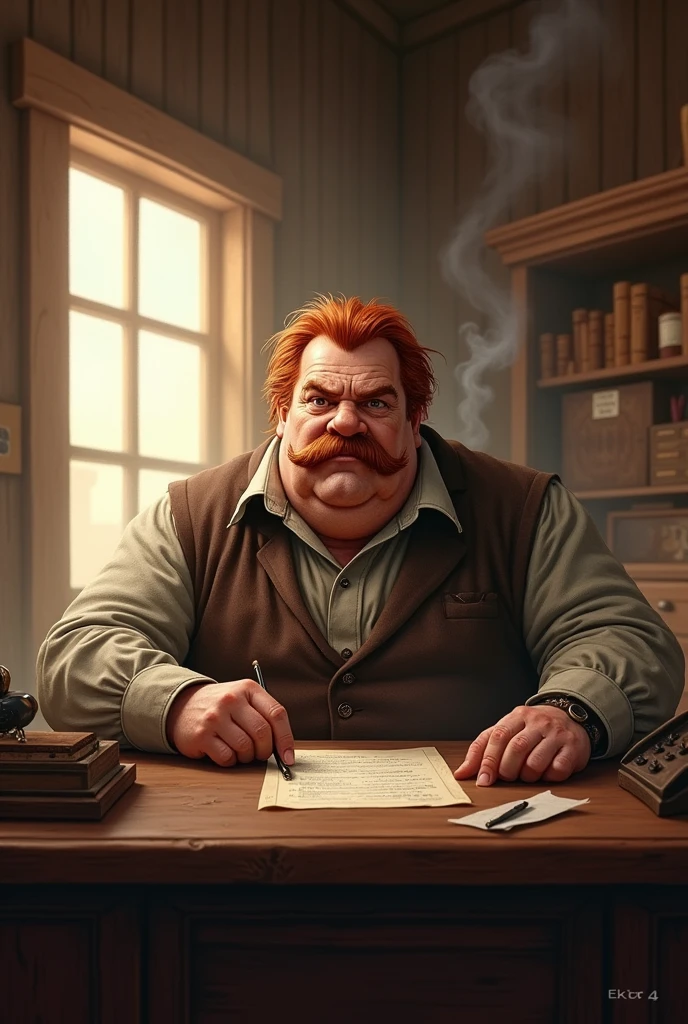 Wild West, fat old red haired
Town mayor with Maustage in White Smoking behind a desk. Nö fullbeard

