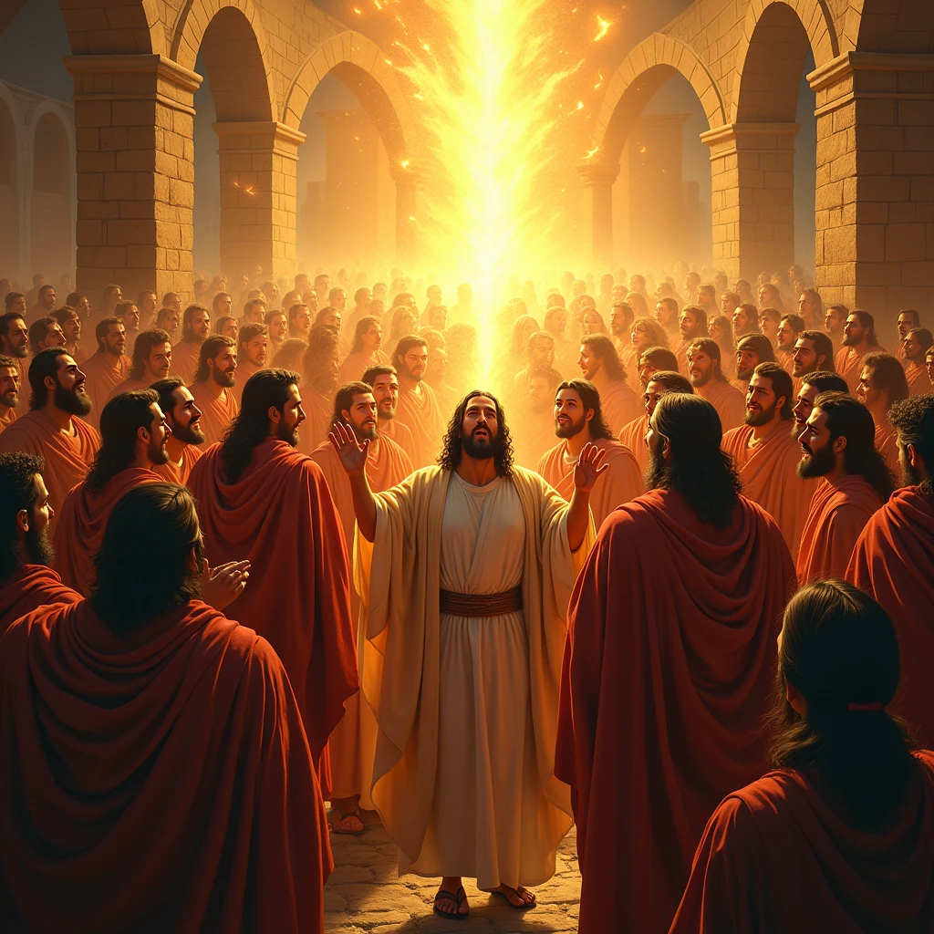 Create a vibrant, dynamic scene depicting the day of Pentecost as described in Acts 2. The image should show a group of about 120 disciples gathered in an upper room in Jerusalem. Suddenly, little flames of fire appear above their heads, symbolizing the Holy Spirit descending upon them. The disciples are filled with awe and begin to speak in various languages, expressing joy and wonder. The setting should be ancient Jerusalem with traditional architecture, and the atmosphere should be charged with a sense of divine presence and spiritual awakening.