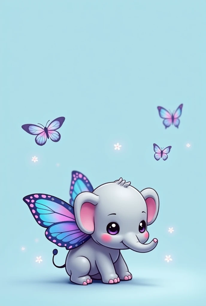 Create a simple 2D drawing of chibi grey elephant with cute butterly wings on its back facing to the side with a blank blue backround
