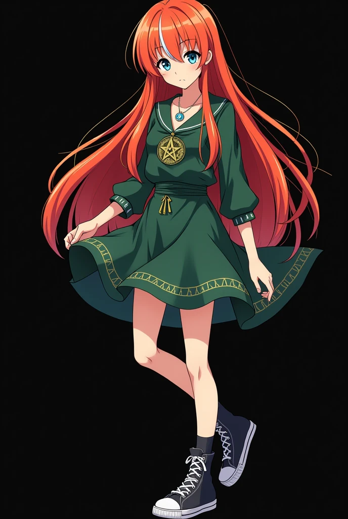 A full body image of an child, personagem do anime "JUJUTSU KAİSEN", she is very beautiful, with long, straight, fire-colored hair with two white streaks highlighted in the front, framing your face. She has blue-green eyes and pale skin.. she is a Wiccan, she is in fighting pose. she wears a pentagram necklace, tight skirt, beautiful women's high-top shoes and ¾-long socks. It is drawn with animation by Gege Akutami.. black backdrop.