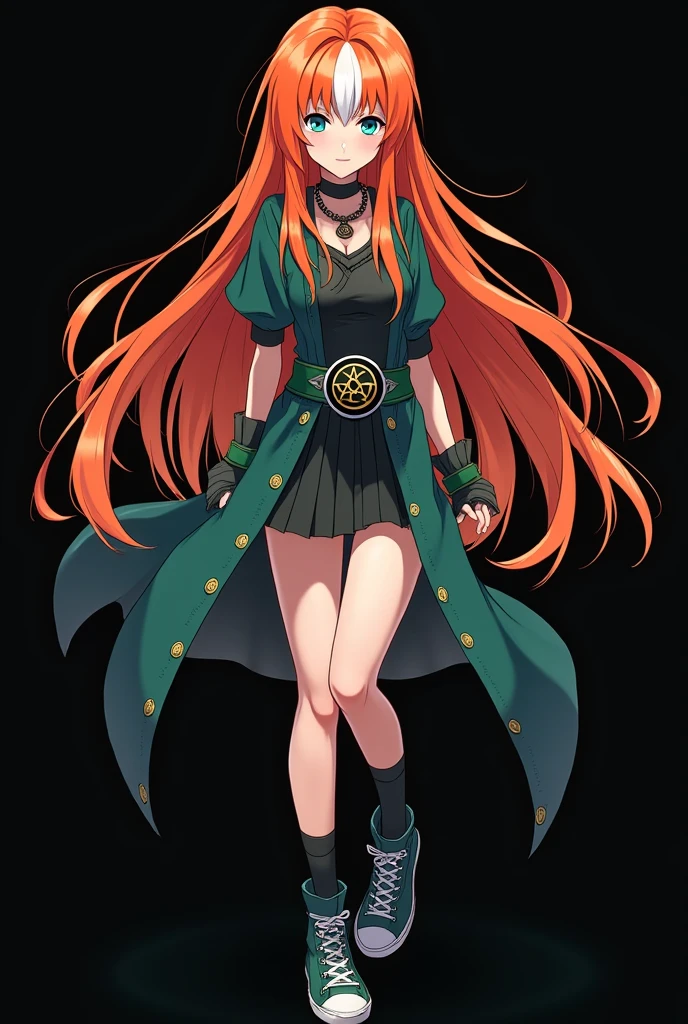 A full body image of an , personagem do anime "JUJUTSU KAİSEN", she is very beautiful, with long, straight, fire-colored hair with two white streaks highlighted in the front, framing your face. She has blue-green eyes and pale skin.. she is a Wiccan, she is in fighting pose. she wears a pentagram necklace, tight skirt, beautiful women's high-top shoes and ¾-long socks. It is drawn with animation by Gege Akutami.. black backdrop.
