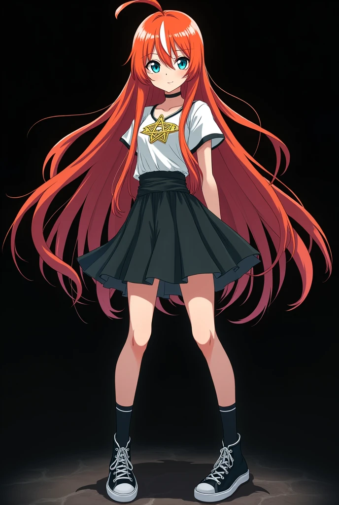 A full body image of an , personagem do anime "JUJUTSU KAİSEN", she is very beautiful, with long, straight, fire-colored hair with two white streaks highlighted in the front, framing your face. She has blue-green eyes and pale skin.. she is a Wiccan, she is in fighting pose. she wears a pentagram necklace, tight skirt, beautiful women's high-top shoes and ¾-long socks. It is drawn with animation by Gege Akutami.. black backdrop.