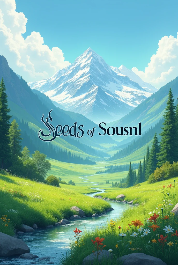 Create a landscape image to match the seeds of sound logo picture. Make the dimensions 2560 width x 1440 height pixles for a youtube banner. Have text written across the image stating Seeds of Sound. 