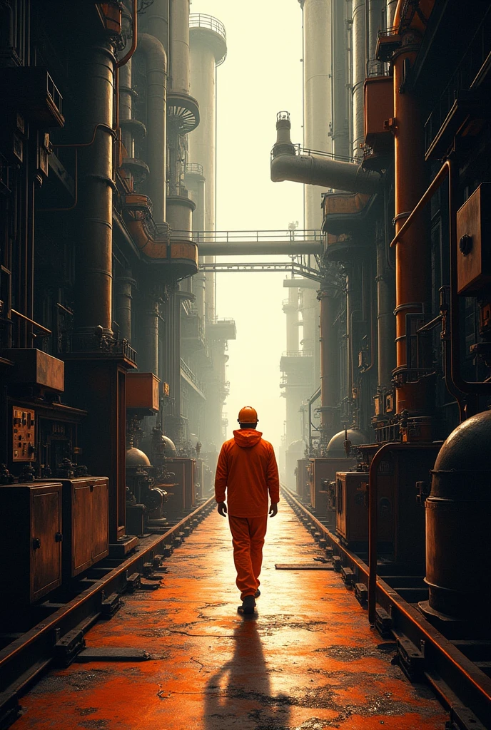 (Photorealism: 1.2), industrial plant corridor with machines,
and a walking worker in orange work clothes, with warm black and white background, by Greg Rutkowski, by Alphonse Mucha

