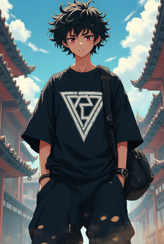 a jujutsu sorcerer anime with black curly hair, a black oversize tshirt with a white triangle pattern on it and baggy pants underneath a black school bag
