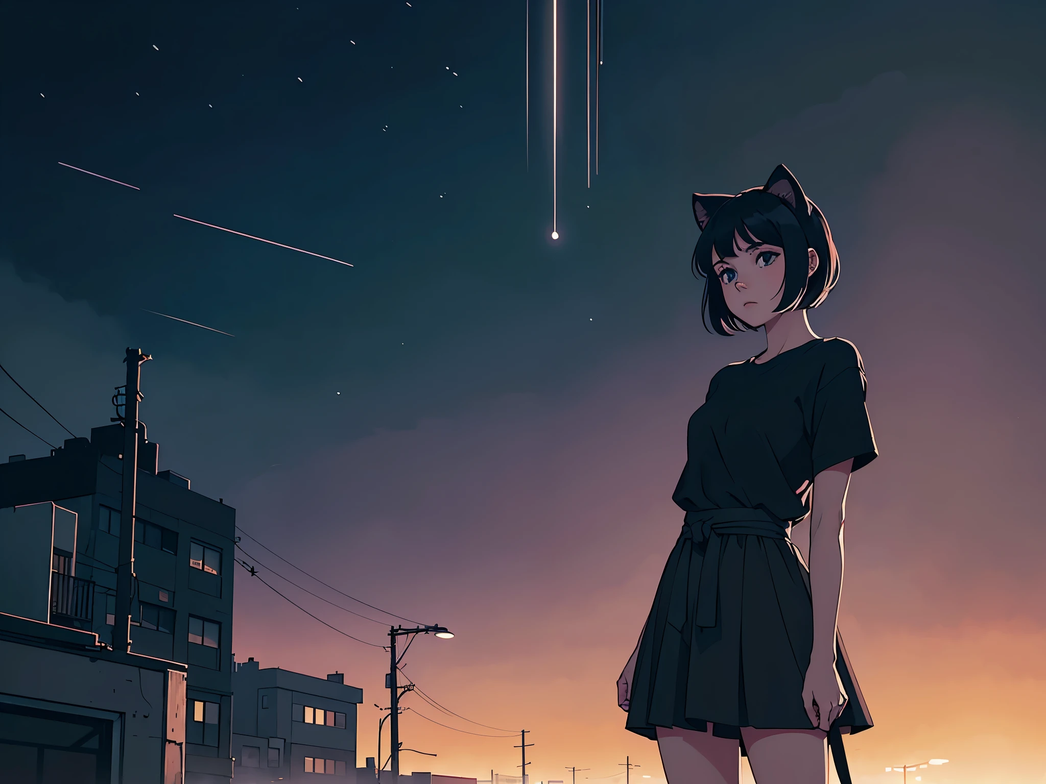 A girl with short black hair and cat ears, wearing dark clothes, in a city in the late afternoon calm, with a relaxing atmosphere. She is a little further away, with a view of her from the waist up, listening to music, and dark colors dominate the scene. The background shows a detailed and vibrant city, reflecting an 80s and 90s anime aesthetic, mixed with a touch of Fujifilm aesthetics. The girl has beautiful eyes, and the entire composition is in 4K, capturing the lofi aesthetic with a soft and tranquil atmosphere.
