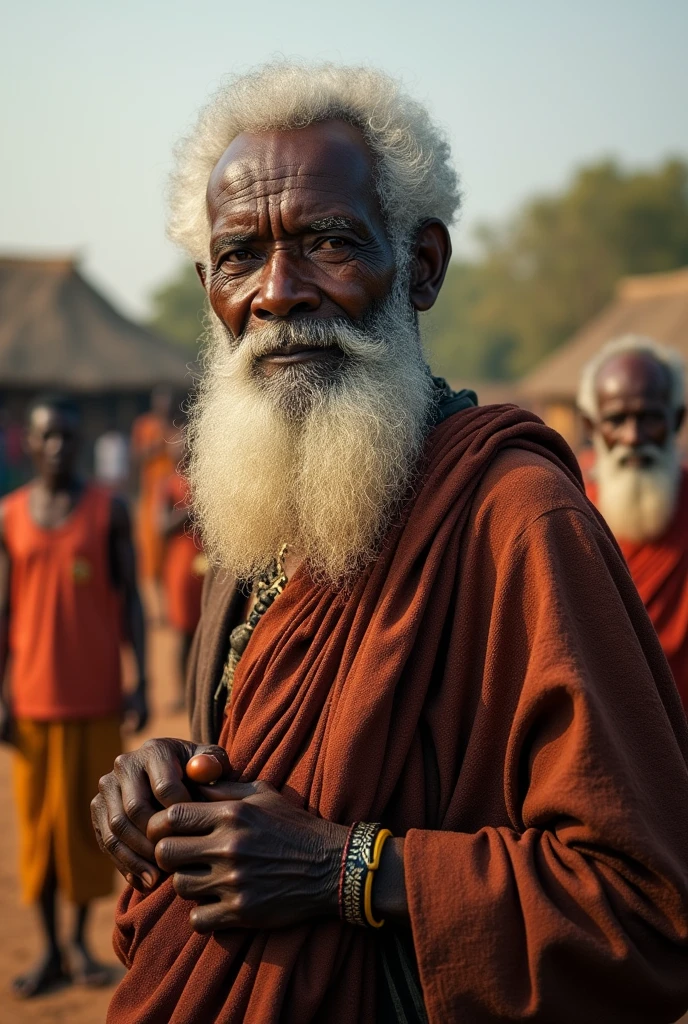 Generate a realistic image of a dark skinned old man with a very good white Beard standing away from a gathering of their friends in an African village of huts.