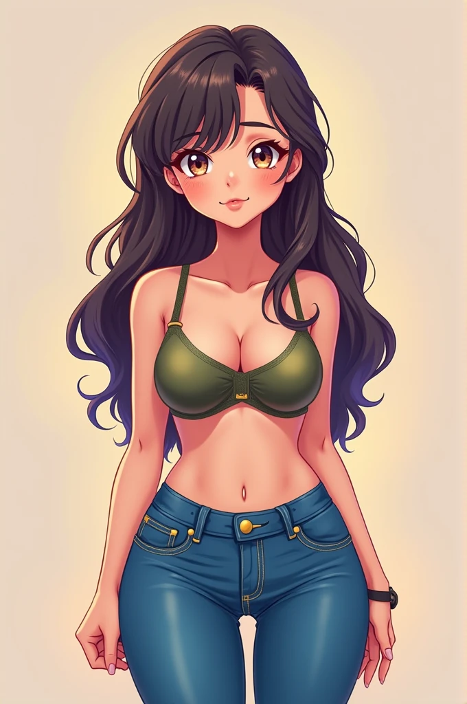 A big-chested anime-style ager in a short Brazilian shirt and tight blue jeans