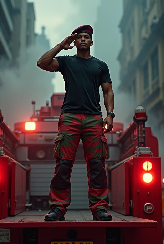 A malay man. Firefigter muscular man wearing camouflage pants in red, green, and black, with a black shirt, standing salute pose. Maroon baret on head. on the firetruck, panning photography, highly detailed, ultra-realistic, cinematic, dramatic lighting, award-winning photograph