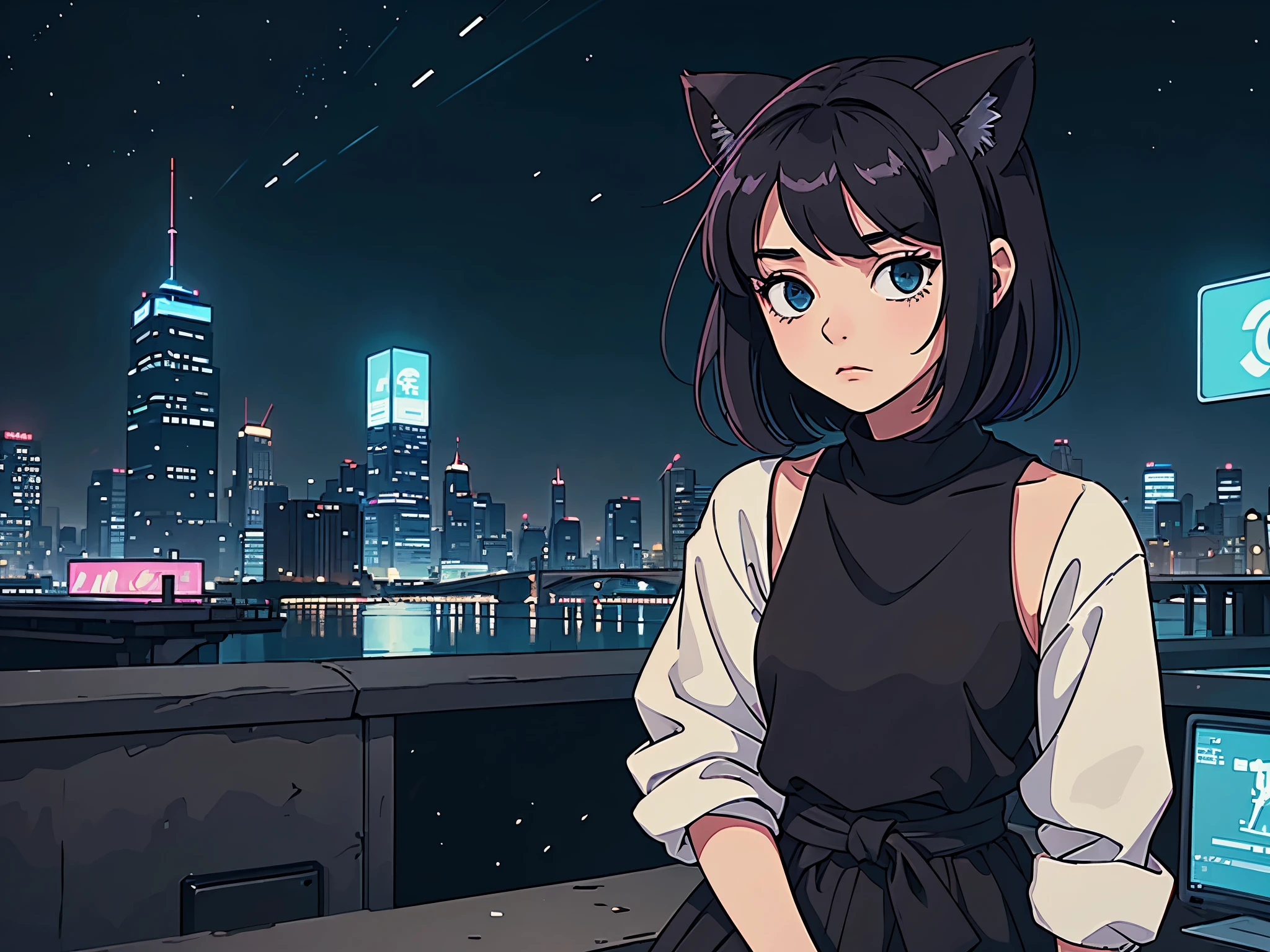 A girl with short black hair and cat ears, wearing dark clothes, in a city in the late afternoon calm, with a relaxing atmosphere. She is a little further away, with a view of her from the waist up, listening to music, and dark colors dominate the scene. The background shows a detailed and vibrant city, reflecting an 80s and 90s anime aesthetic, mixed with a touch of Fujifilm aesthetics. The girl has beautiful eyes, and the entire composition is in 4K, capturing the lofi aesthetic with a soft and tranquil atmosphere.