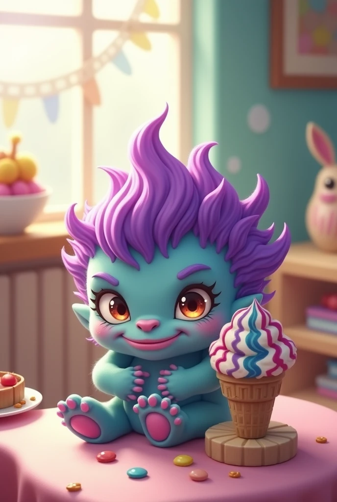Cute little purple-haired monster refuses to swallow the ice cream