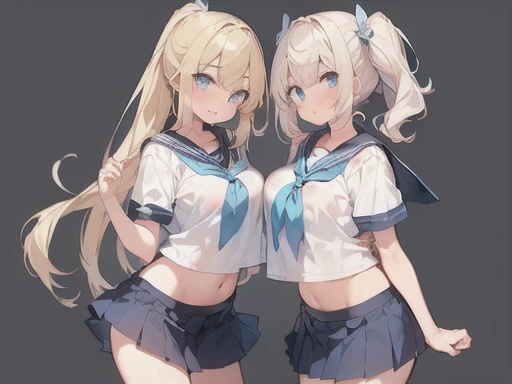 twins,(Two Girls),((standing on the right,Blonde twin tails)),(((Stand on the left,Blonde ponytail))),(Very curled hair,Blue ribbon,Bright blue eyes,freckles),(mega breasts),high school girl,BREAK,(Navy Blue,Cute Sailor Uniform,Checkered Pleated Skirt),under boob,cleavage,BREAK,(Embrace each other),hug