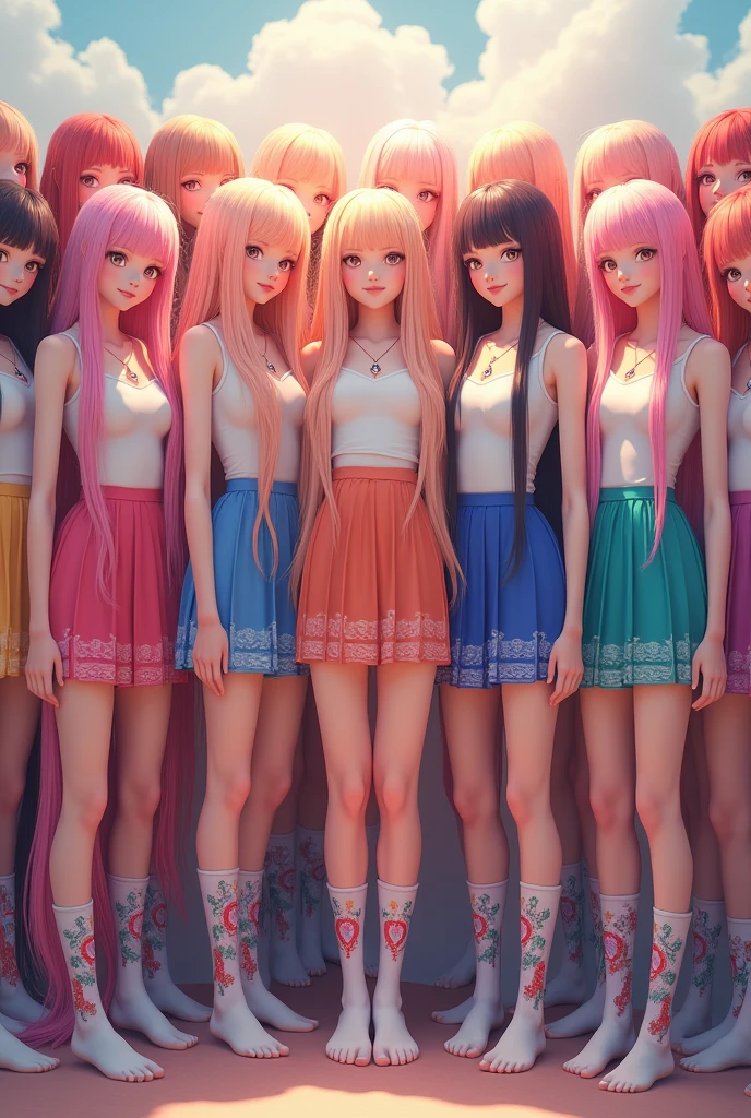 A group photo of 8,000 animated beauties with 14 meter long hair wearing colorful, very, very, very, very short patterned skirts and colorful, very, very, very, very long, 70 centimeter patterned socks, with their shoulders pressed so close together that the generated image is filled, smiling slightly, their bodies and faces facing forward, their eyes visible, and their shoes taken off.