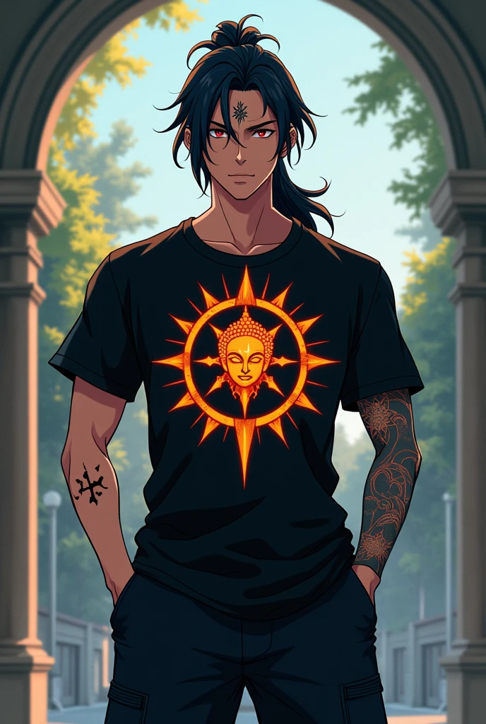 A 1 male anime character with Long hair tied back and magical powers who is a student at a modern-day wizarding school With baggy pants and a sweatshirt Black baggy pants with a sun tattoo on his face and a black t-shirt with the 6 arms of Buddha on it