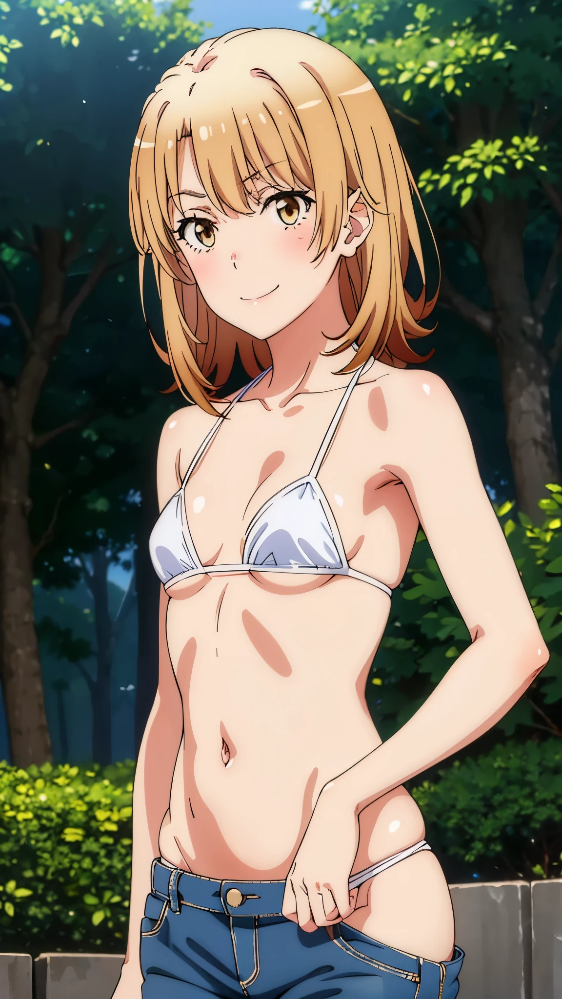 1girl, anime artstyle, masterpiece, highres, solo, 8k, detailed, perfect face, best quality, (ultra high quality), (looking at viewers), (armpit), collarbone, bare arms, bare shoulders, (small breasts), cleavage, flaxen hair, light brown eyes, belly, stomach, navel, abs, micro bikini, white bikini, mini short, denim short, slim body, slim waist, upper body, closed mouth, smile, blush, at forest