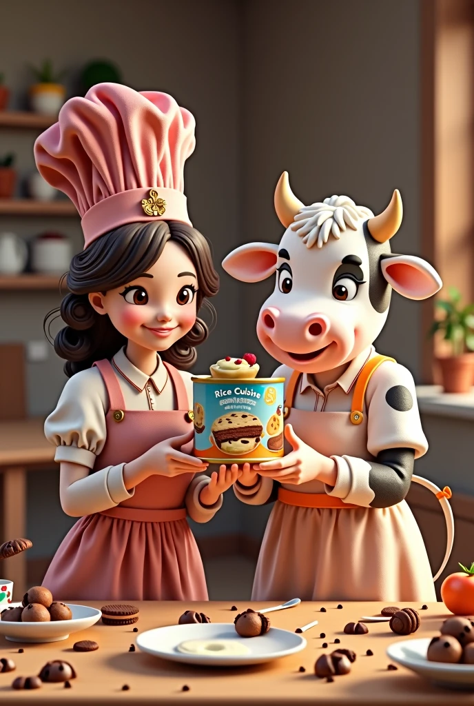 I&THE SWEET TEMPTATION, TWO SISTERS CREATE A DESSERT CALLED RICE CUISINE, AND A HAPPY COW COMES OUT HOLDING A CAN OF RICE CUISINE, WITH CHOCOLATE, GOURMENT STYLE COOKIE
