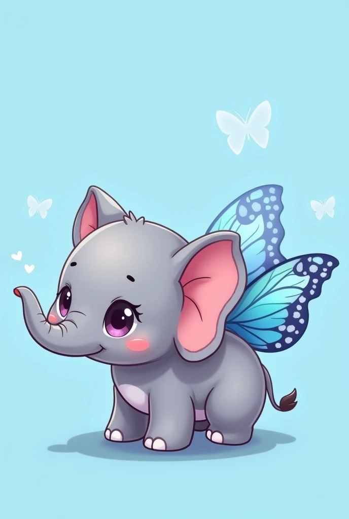 Create a simple 2D drawing of chibi grey elephant with cute butterly wings on its back facing to the side with a blank blue backround