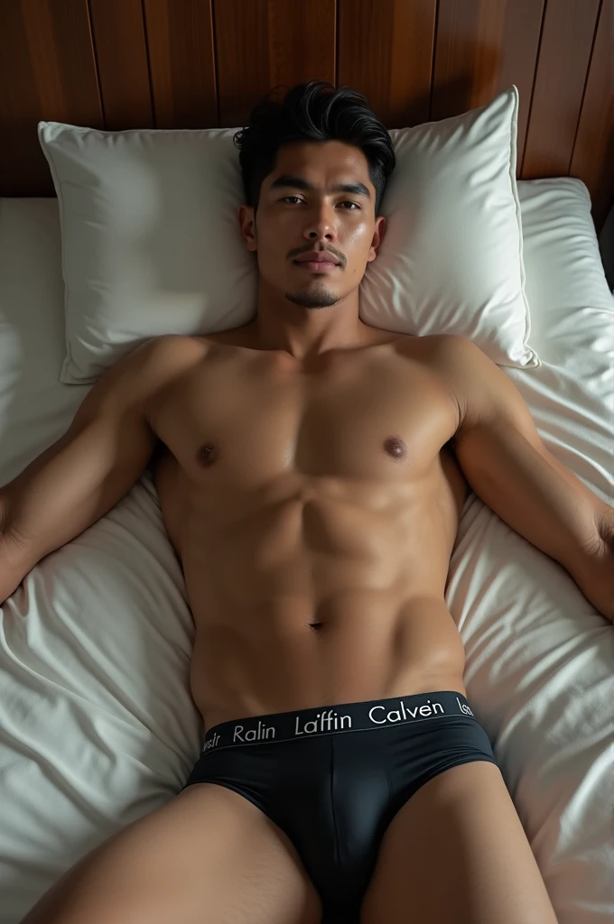 afgansyah reza wearing calvin klein underwear, big bulge, lying on the bed, very realistic and detailed high resulution